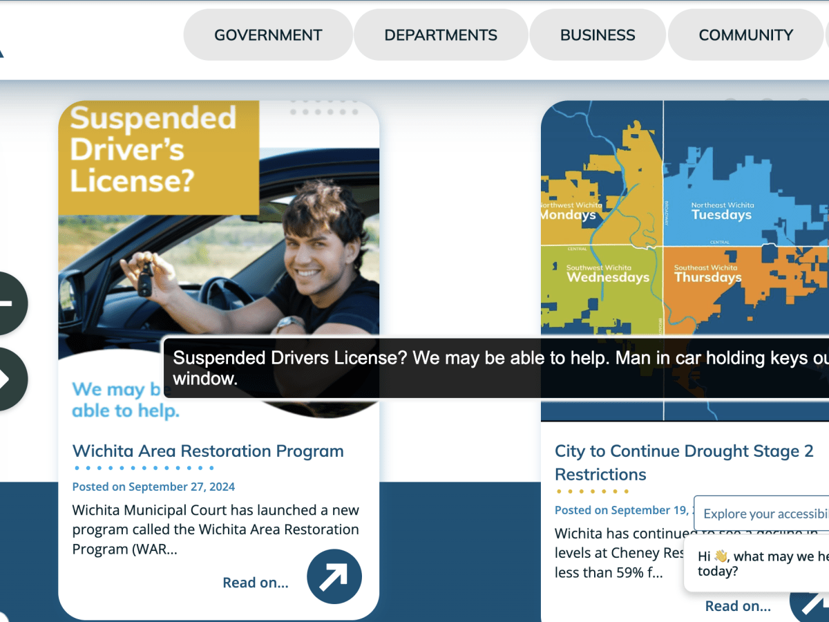 A screengrab of the City of Wichita's website shows new accessibility tool reading alt text of website image.